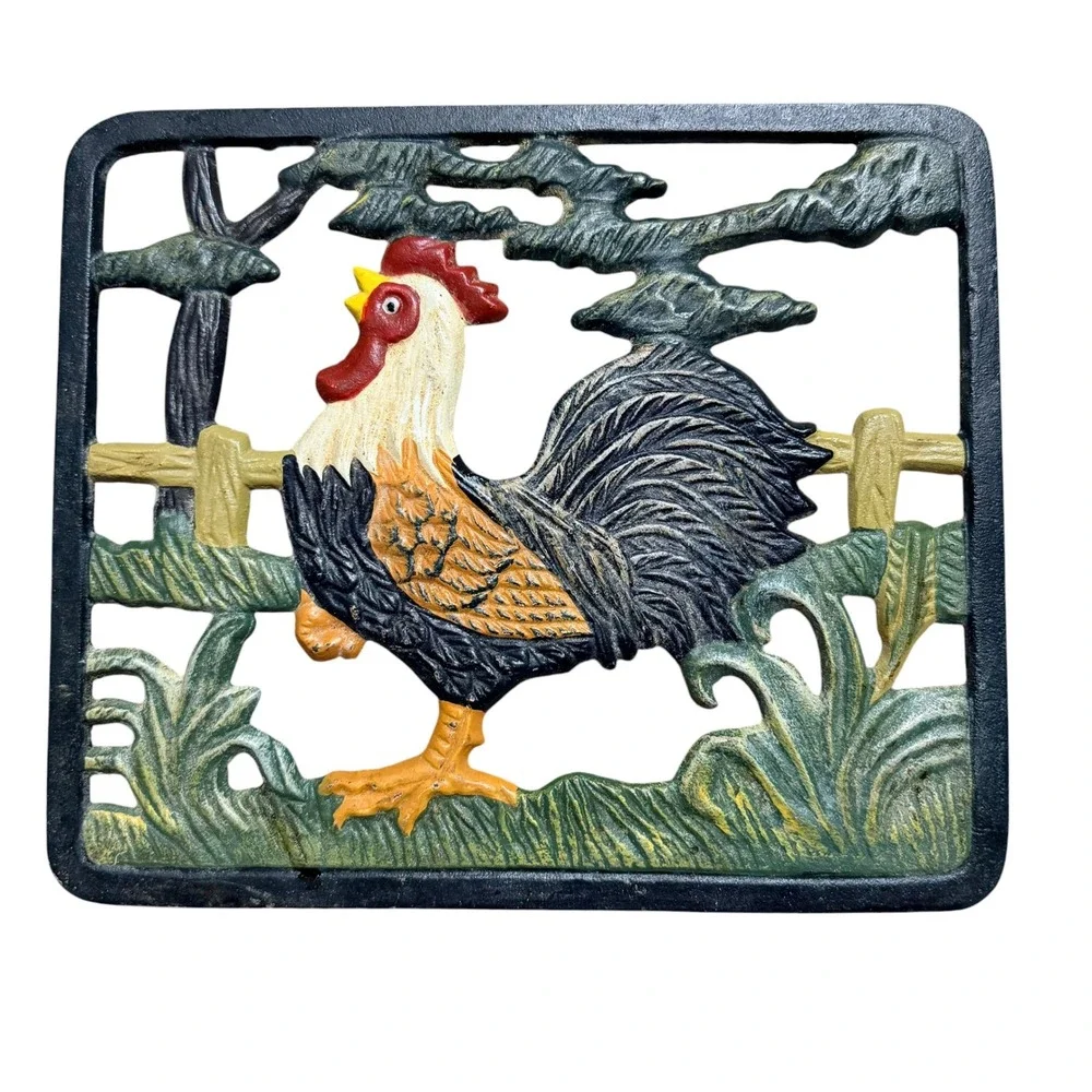Vintage Cast Iron Rooster Trivet Hand Painted Farmhouse Country Kitchen Decor
